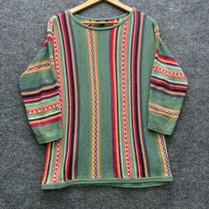 Chaps Denim Striped Knit Sweater Womens Large Green 3/4 Sleeve Casual Boho